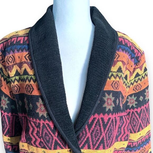 Vintage Blazer Jacket Southwestern Aztec Print Boxy Cropped Black Shawl Collar - Picture 3 of 11